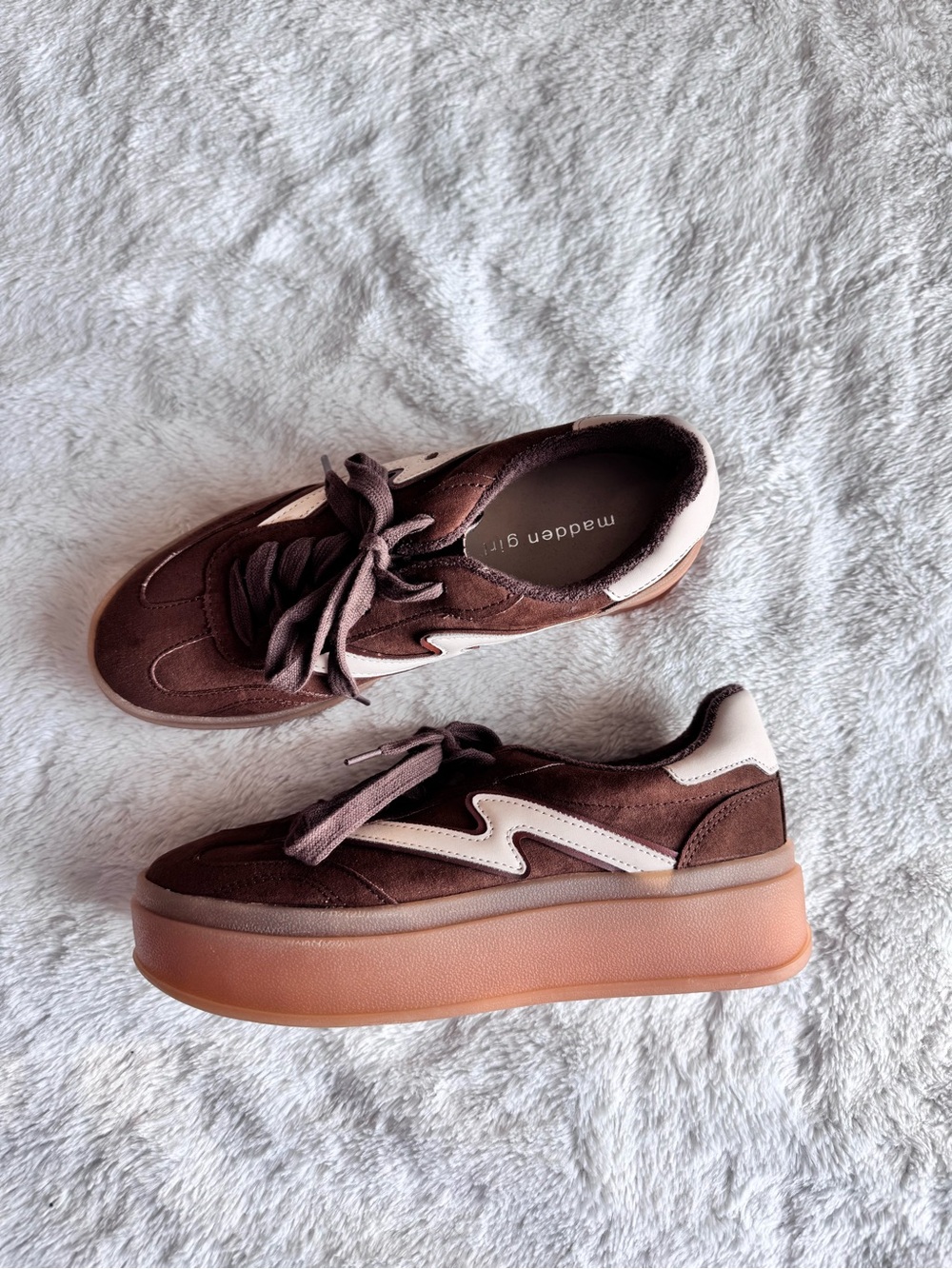 Madden Girl Brown Suede Platform Sneakers with Cream Accents
